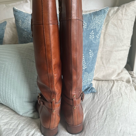 Tory Burch Chestnut Brown Leather Knee Boots with Gold Logo - Picture 4 of 11